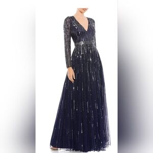 Mac Duggal Sequined V Neck Illusion Sleeve A Line Gown Blue 4977 Woman's Size 8